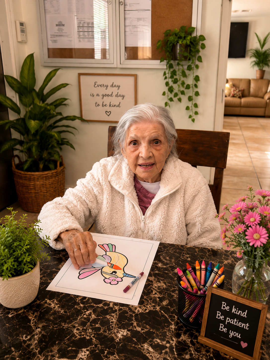 A resident proudly showing her finished toucan artwork at Atlantis Senior Care Residence